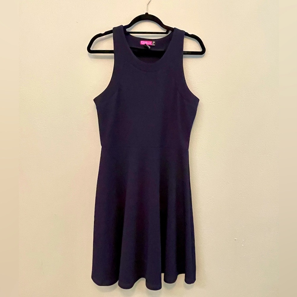 Navy blue dress, high neck, stretchy